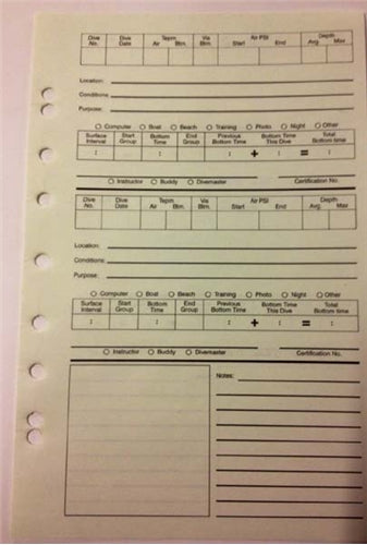 Insert Pages for Dive Log